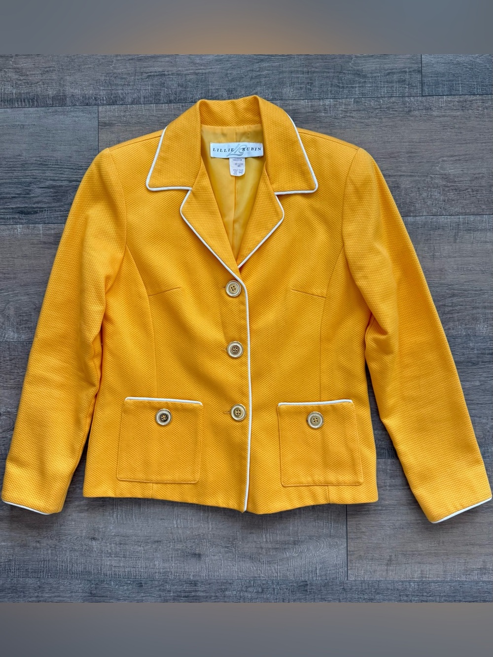Vintage Lillie Rubin Mustard Yellow Piping Blazer Jacket Structured Cotton Sz 4
